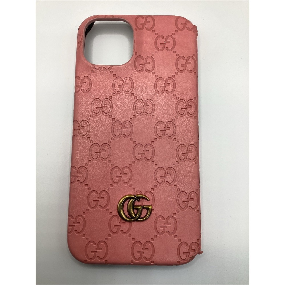 Gucci Pink Embossed GG Logo Leather Phone Case with Gold Double-G